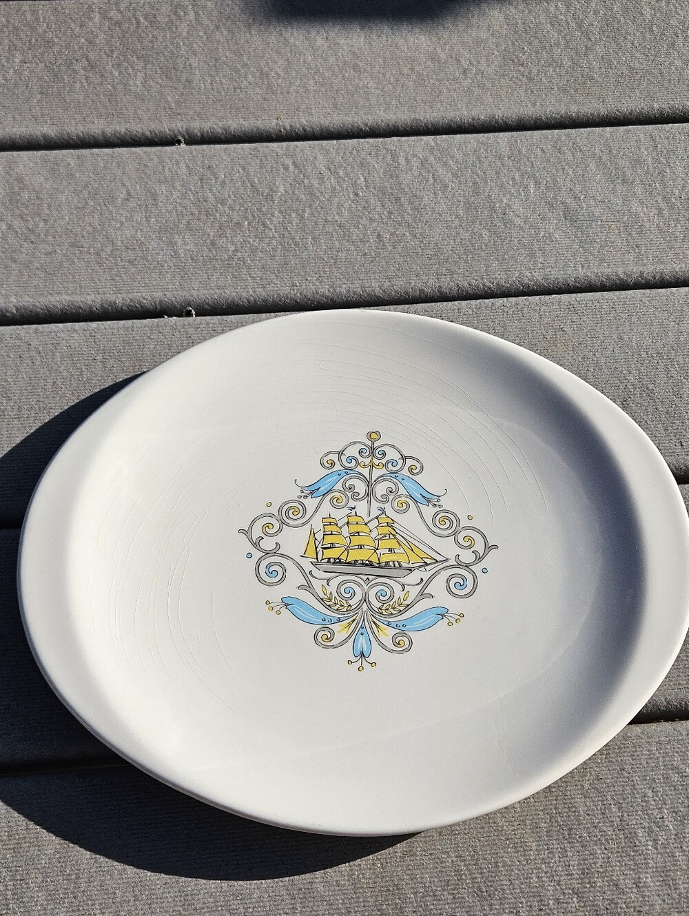 Vintage Canonsburg Pottery Voyager 14" Oval Serving Platter Sailing Ship...